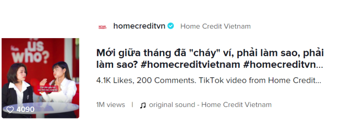 Một trong những clip của Home Credit Việt Nam trên nền tảng Tiktok thu hút hơn 1 triệu lượt xem. Ảnh chụp màn hình