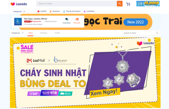 Ảnh chụp màn hình giao diện gian hàng Bảo Ngọc Jewelry trên Lazada. Ảnh: Lazada Việt Nam